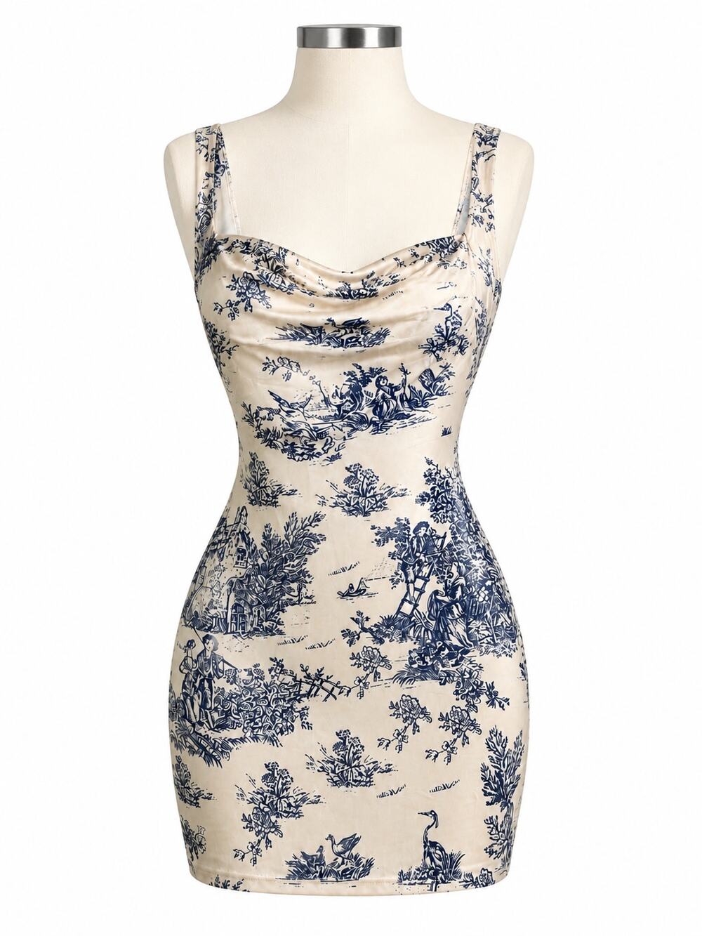 Cider Ivory/Blue Toile de Jouy Ruched Mini Dress - Size XS - Cottagecore